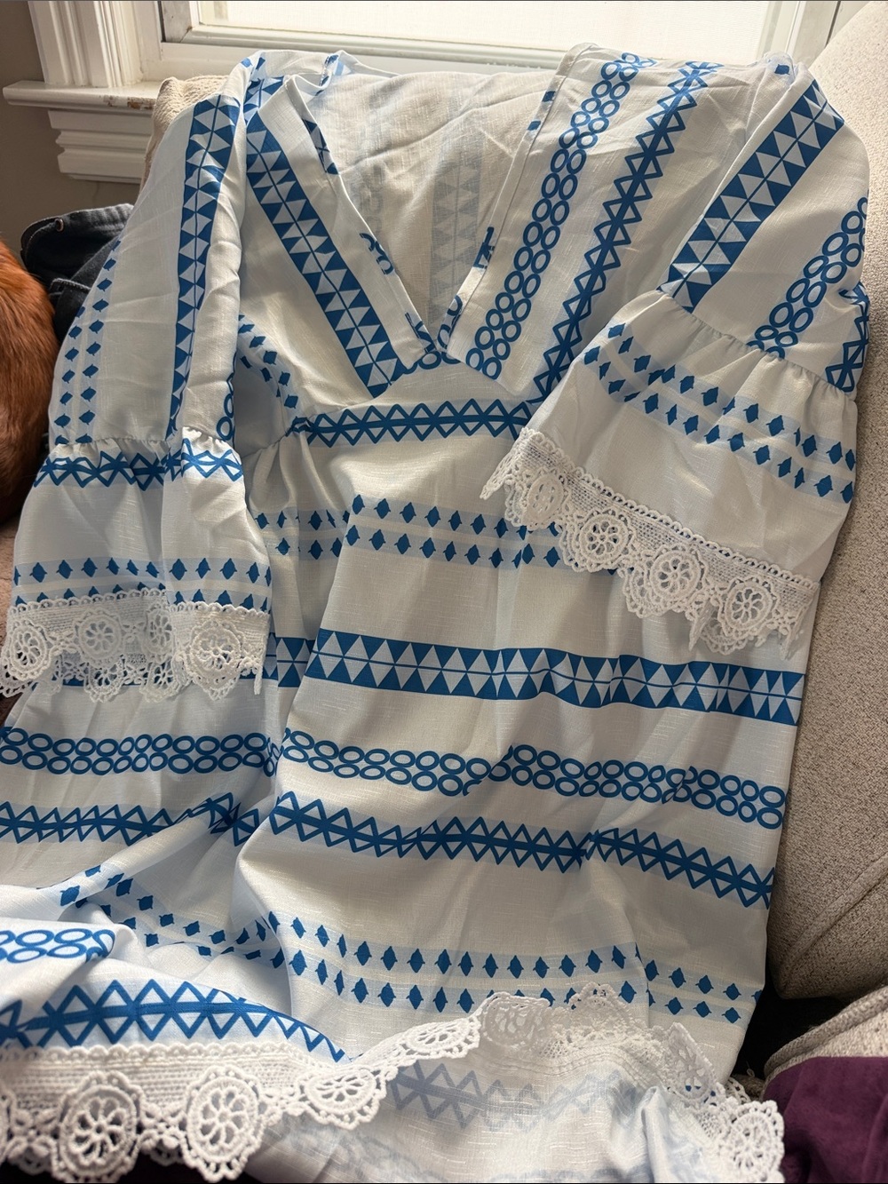 White & Blue Lace-Trim V-Neck Long Sleeve Dress